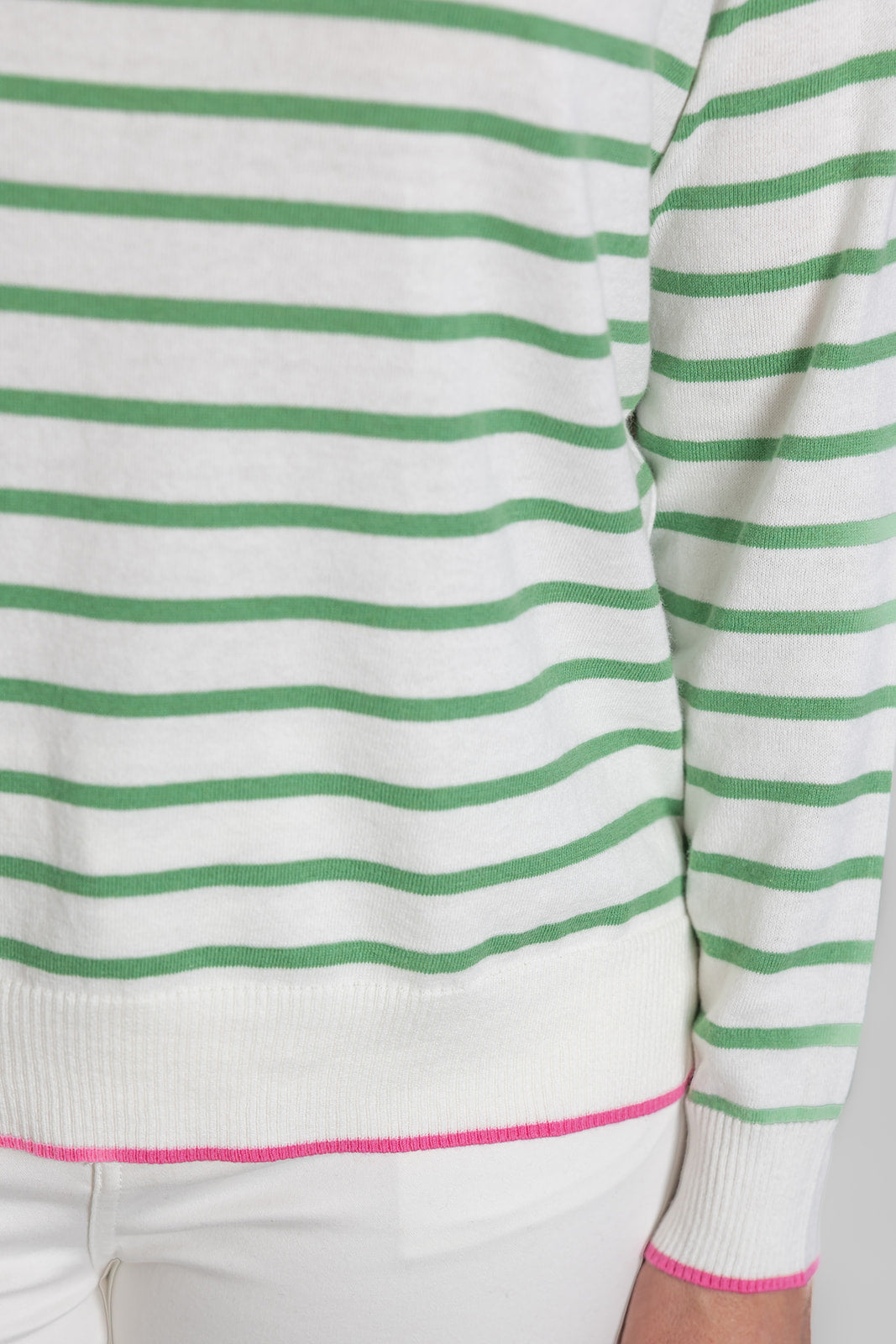 White and Mint Stripe Cotton Cashmere Crew