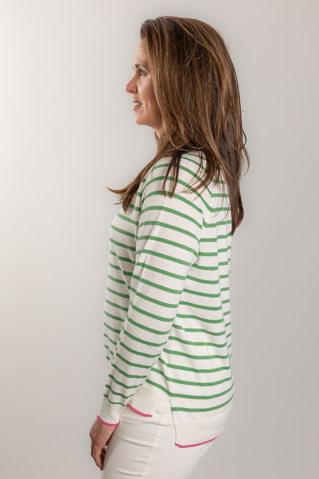 White and Mint Stripe Cotton Cashmere Crew