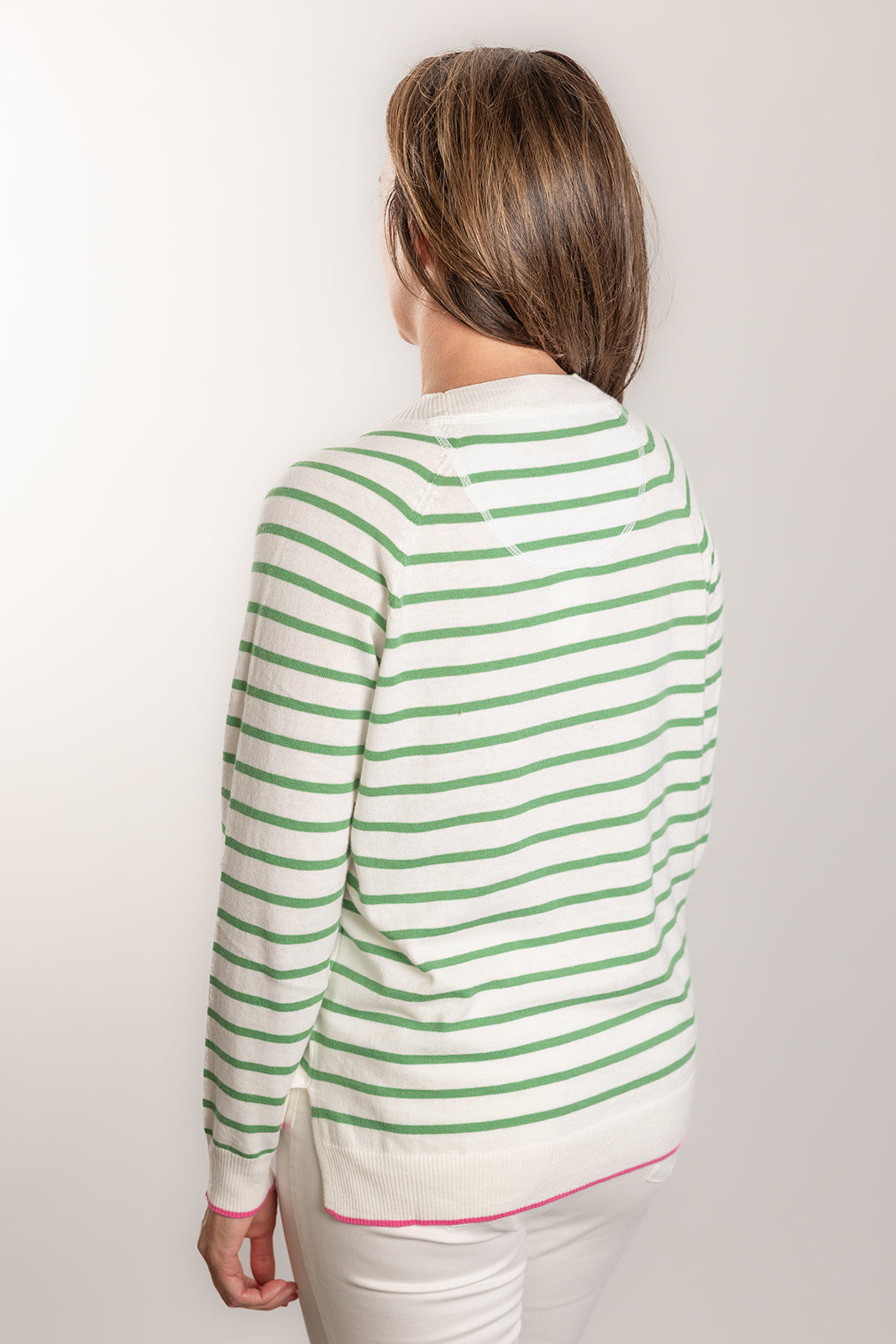 White and Mint Stripe Cotton Cashmere Crew