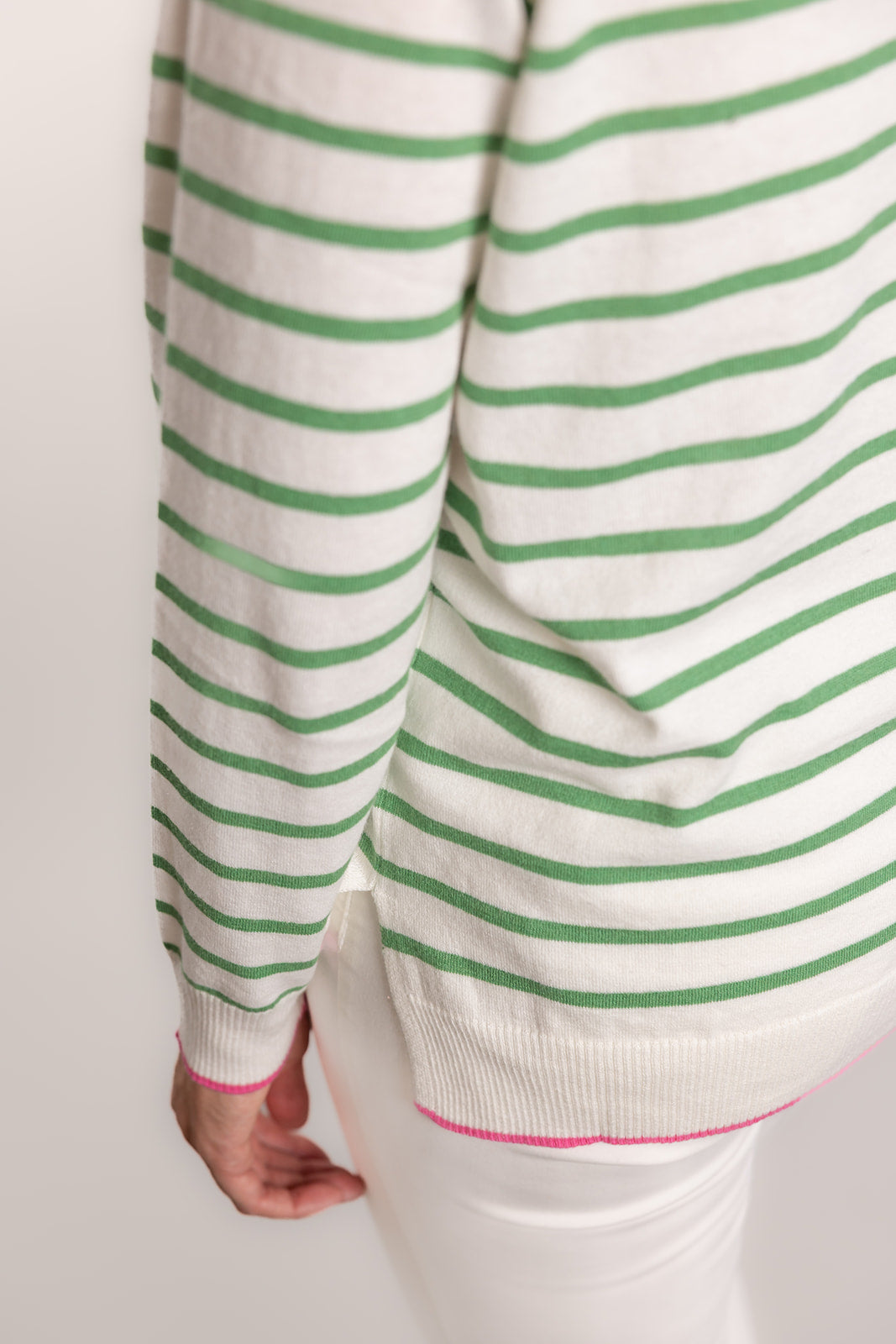 White and Mint Stripe Cotton Cashmere Crew