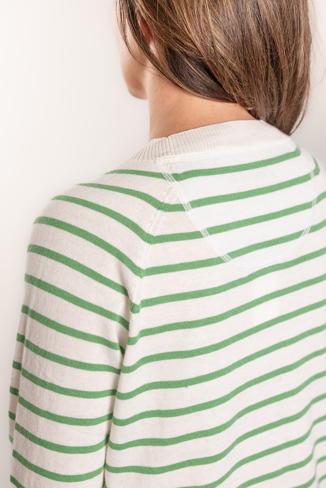 White and Mint Stripe Cotton Cashmere Crew