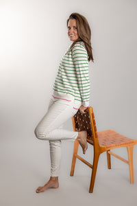 White and Mint Stripe Cotton Cashmere Crew