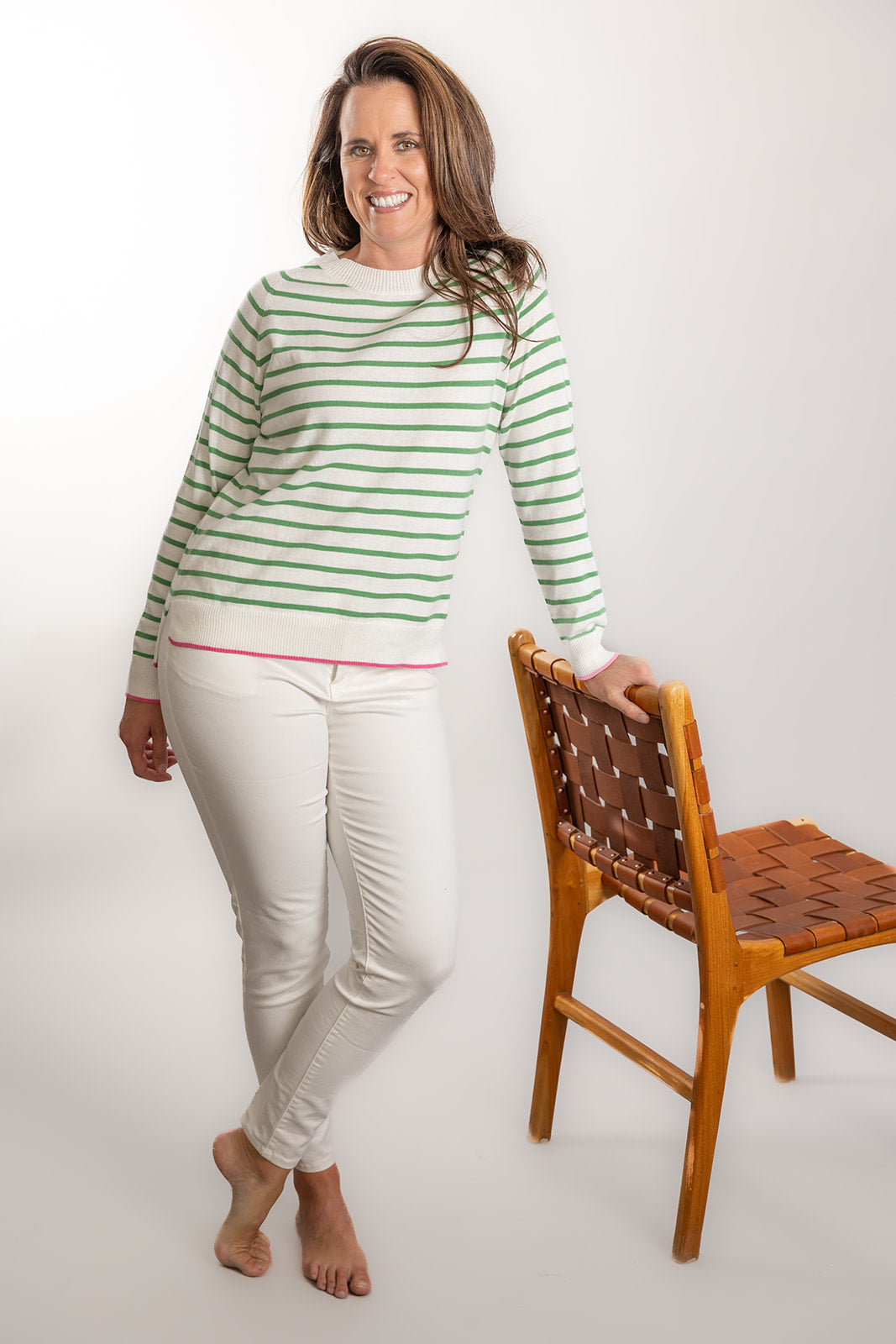 White and Mint Stripe Cotton Cashmere Crew