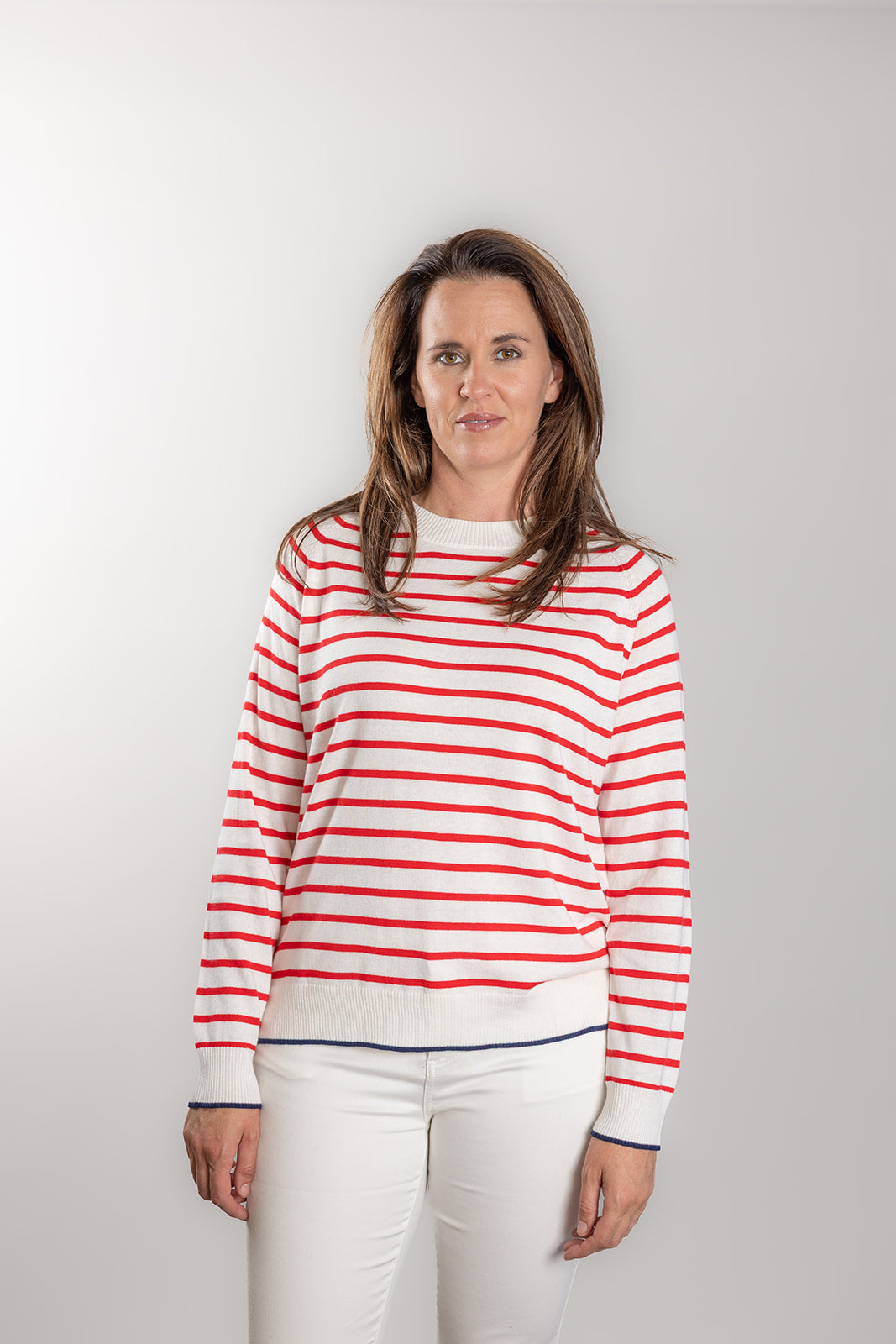 White and Red Stripe Cotton Cashmere Crew