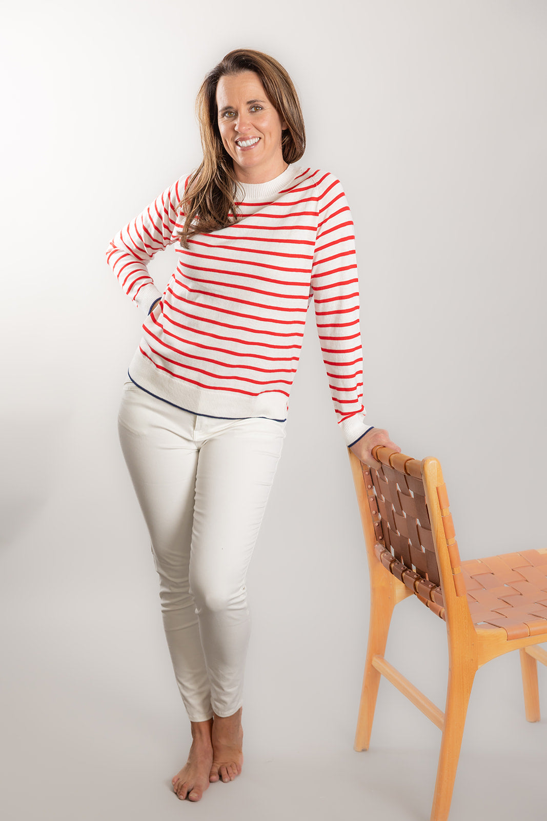 White and Red Stripe Cotton Cashmere Crew