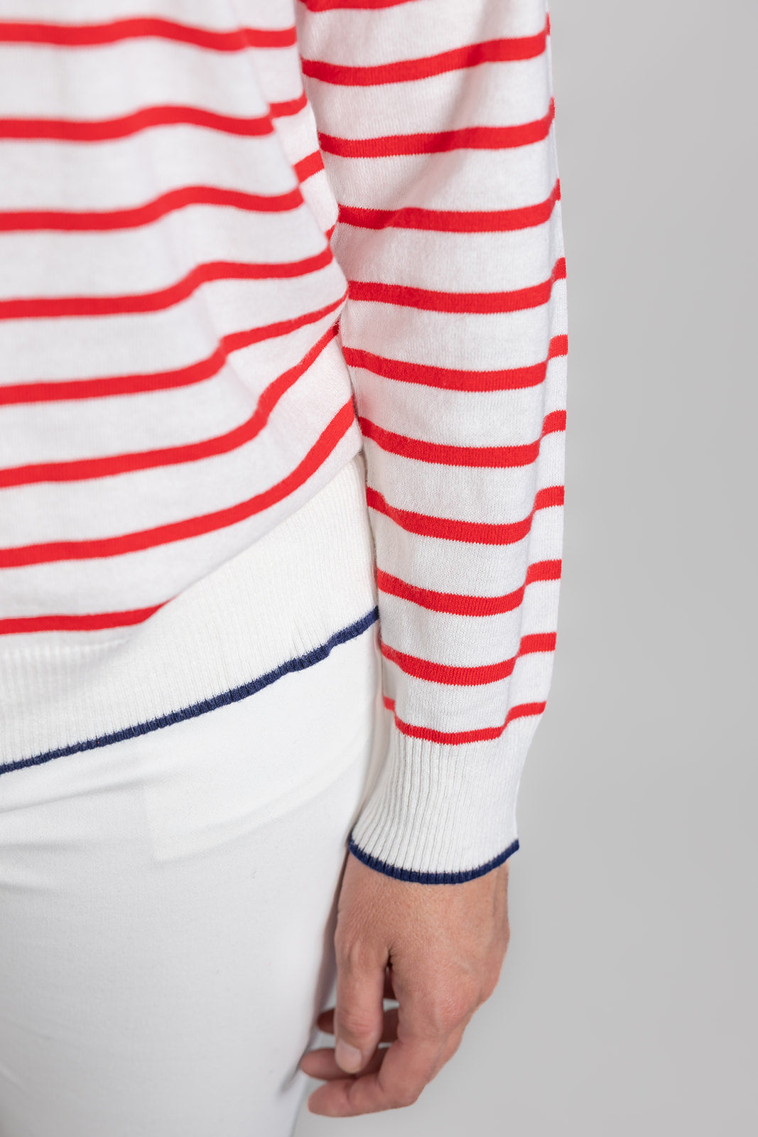 White and Red Stripe Cotton Cashmere Crew