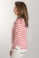 Load image into Gallery viewer, White and Red Stripe Cotton Cashmere Crew
