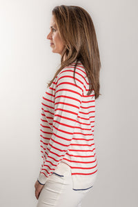 White and Red Stripe Cotton Cashmere Crew