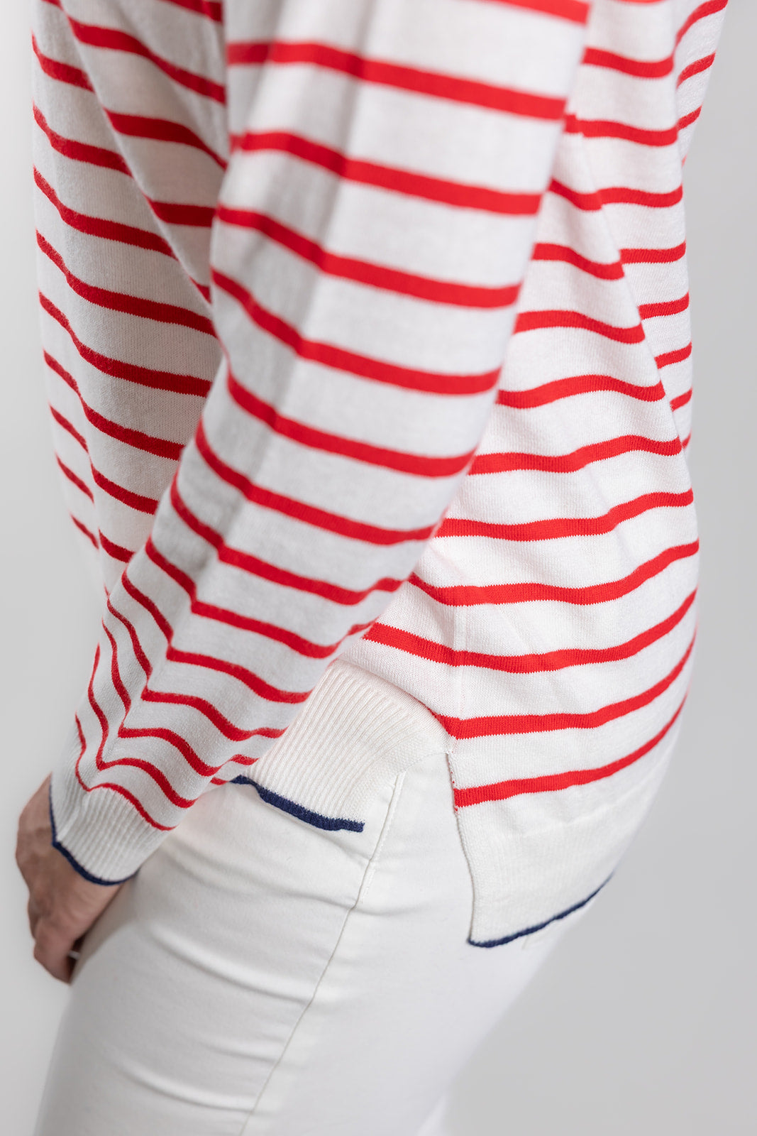 White and Red Stripe Cotton Cashmere Crew