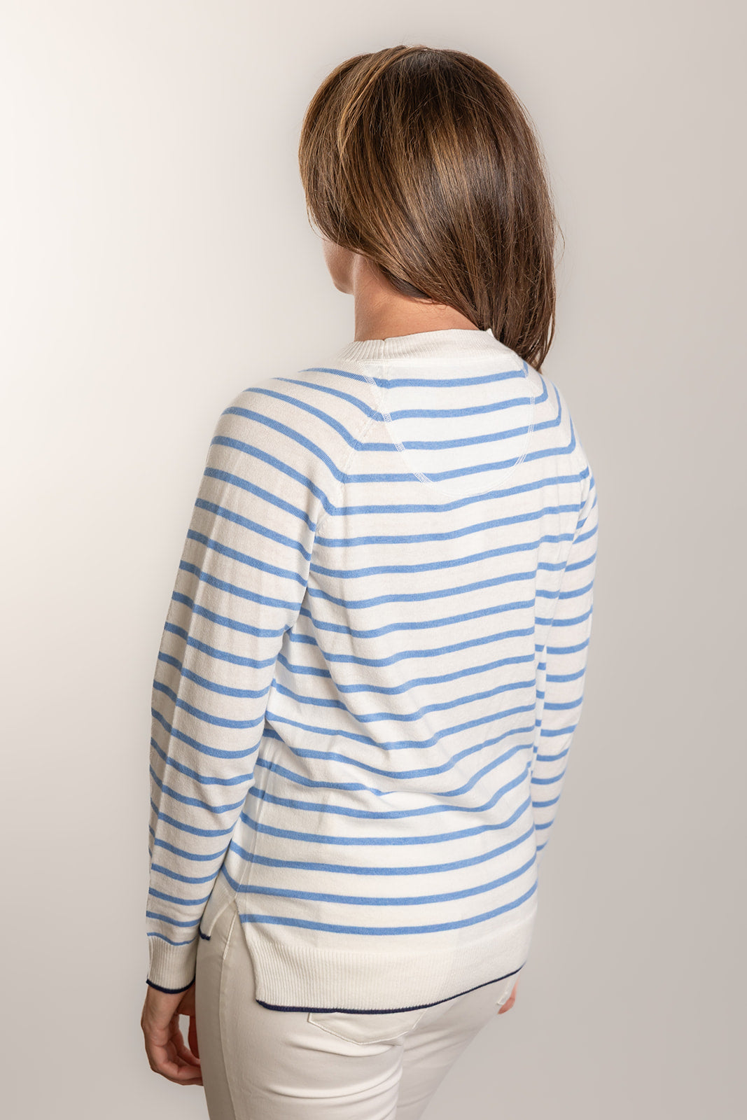 White and Blue Stripe Cotton Cashmere Crew