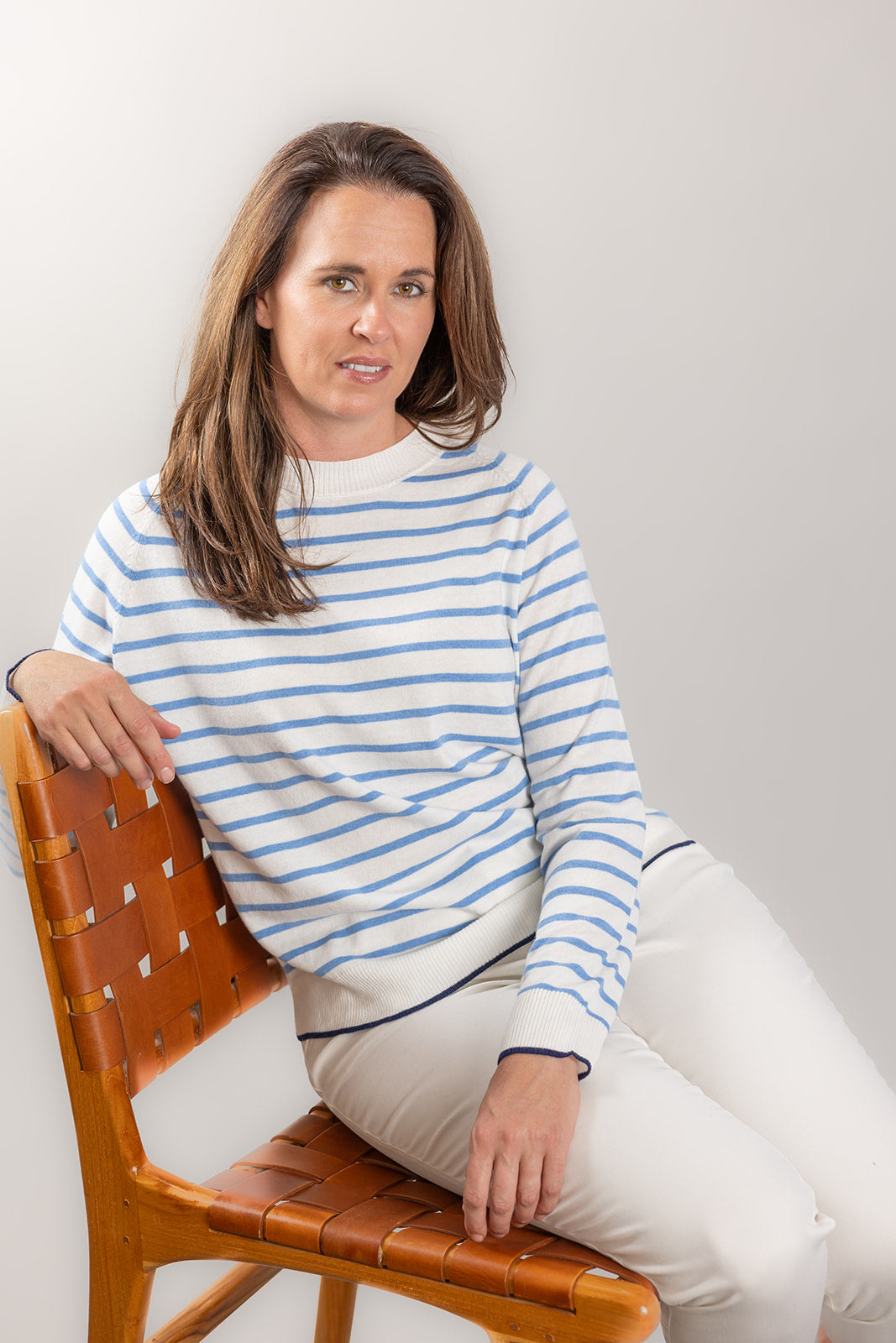 White and Blue Stripe Cotton Cashmere Crew