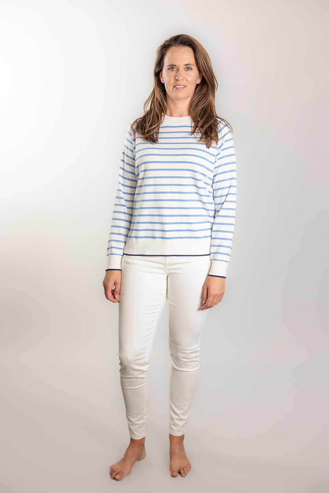 White and Blue Stripe Cotton Cashmere Crew