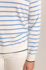 Load image into Gallery viewer, White and Blue Stripe Cotton Cashmere Crew
