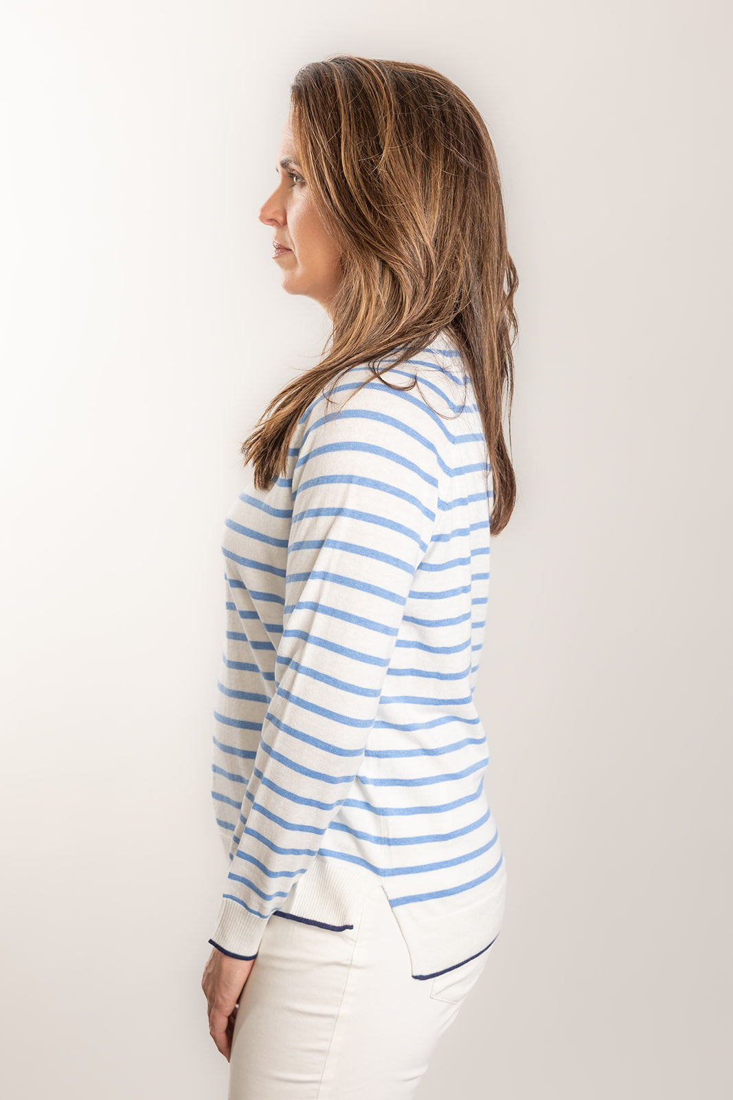 White and Blue Stripe Cotton Cashmere Crew