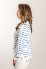 Load image into Gallery viewer, White and Blue Stripe Cotton Cashmere Crew
