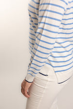 Load image into Gallery viewer, White and Blue Stripe Cotton Cashmere Crew
