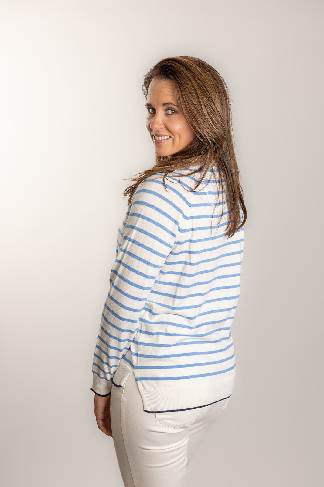 White and Blue Stripe Cotton Cashmere Crew