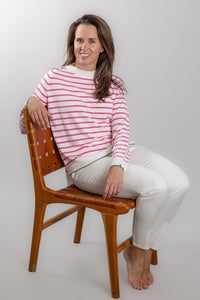 White and Pink Stripe Cotton Cashmere Crew