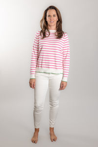 White and Pink Stripe Cotton Cashmere Crew