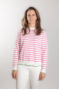 White and Pink Stripe Cotton Cashmere Crew