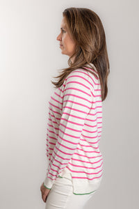 White and Pink Stripe Cotton Cashmere Crew