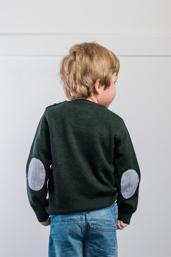 Forest Green Freddie Crew Neck Jumper with Blue and White Stripe Patches