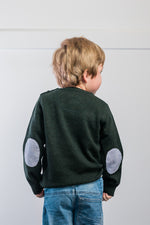 Load image into Gallery viewer, Forest Green Freddie Crew Neck Jumper with Blue and White Stripe Patches
