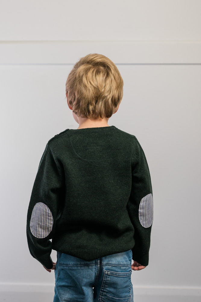 Forest Green Freddie Crew Neck Jumper with Blue and White Stripe Patches