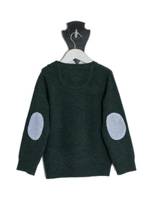 Forest Green Freddie Crew Neck Jumper with Blue and White Stripe Patches